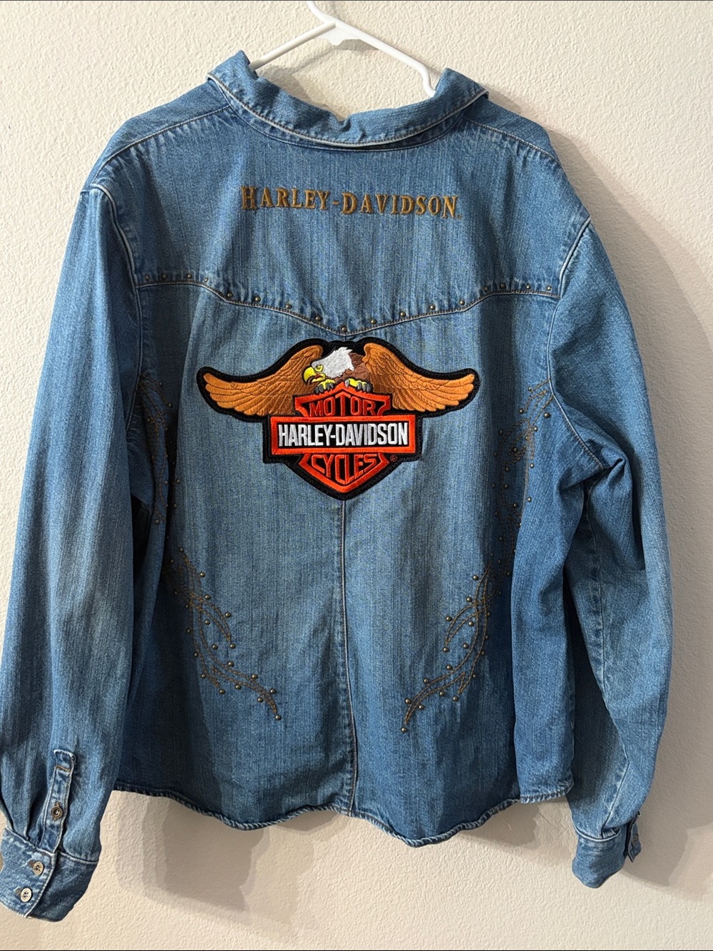 Harley-Davidson Blue Denim Button-Down Shirt with Orange Eagle Patch
